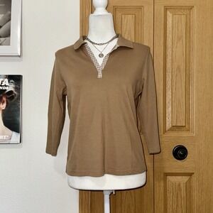 Talbots Polo Shirt Womens Petites Medium Tan Gingham Trim Stretch Pullover